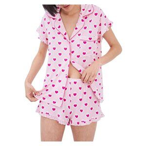 NWT Stripe And Stare and Stare Diamond Heart Frill 2-Piece Pajama Set Pink Red S